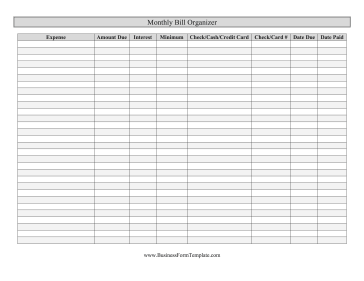 Monthly Bill Organizer Business Form Template
