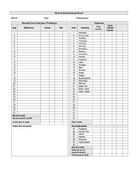 Monthly Bookkeeping Record Business Form Template