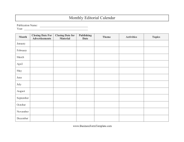 Monthly Editorial Calendar Business Form Template