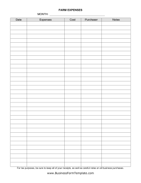 Monthly Farm Expenses Form Business Form Template