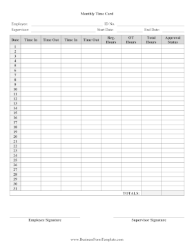 Monthly Time Card With Approval Business Form Template