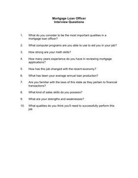 Mortgage Loan Officer Interview Questions Business Form Template