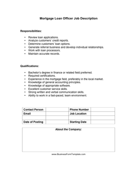 Mortgage Loan Officer Job Description Business Form Template