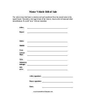 Motor Vehicle Bill of Sale Business Form Template