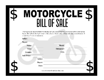 Motorcycle Bill Of Sale Certificate Business Form Template