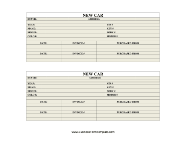 New Car Inventory Card Business Form Template