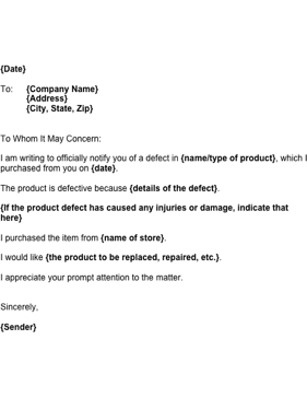 Notice of Product Defect Business Form Template