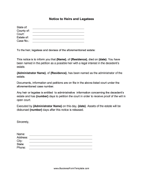 Notice To Heirs And Legatees Business Form Template