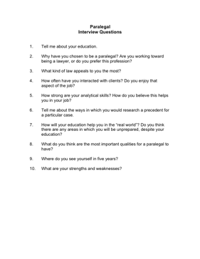 Paralegal Interview Questions Business Form Template