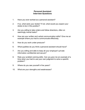 Personal Assistant Interview Questions Business Form Template