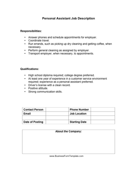 Personal Assistant Job Description Business Form Template