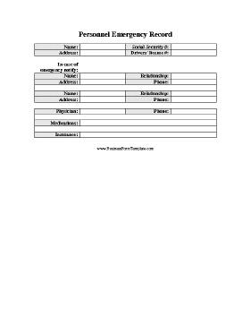 Personnel Emergency Contact Record Business Form Template