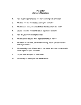 Pet Sitter Interview Questions Business Form Template