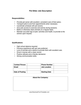 Pet Sitter Job Description Business Form Template