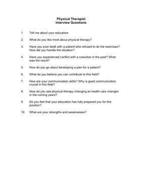 Physical Therapist Interview Questions Business Form Template