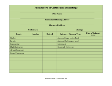 Pilot Record of Certificates and Ratings Business Form Template