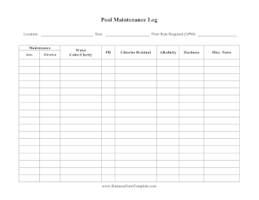 Pool Maintenance Log Business Form Template