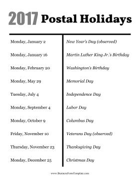 Postal Holidays Business Form Template