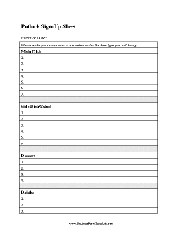 Potluck Sign Up Sheet Business Form Template