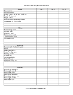 Pre-Rental Comparison Checklist Business Form Template