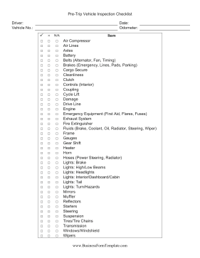 Pre-Trip Vehicle Inspection Checklist Business Form Template