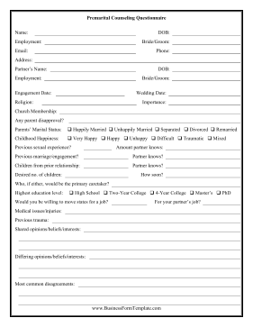 Premarital Counseling Questionnaire Business Form Template