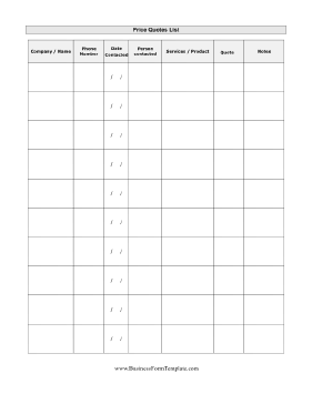 Price Quotes List Business Form Template