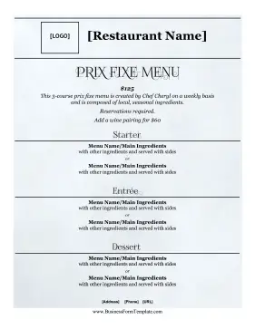 Prix Fixe Menu Options Business Form Template