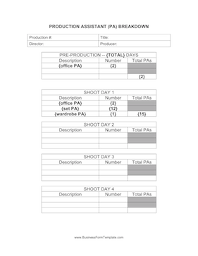 Production Assistant Breakdown Business Form Template
