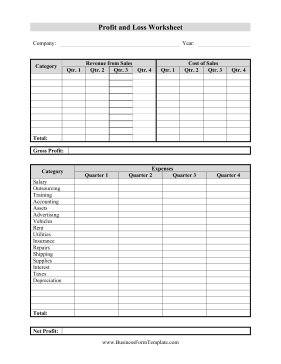 Profit And Loss Worksheet Business Form Template