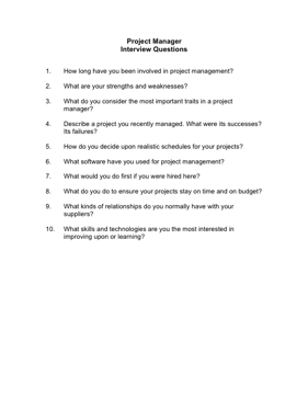 Project Manager Interview Questions Business Form Template