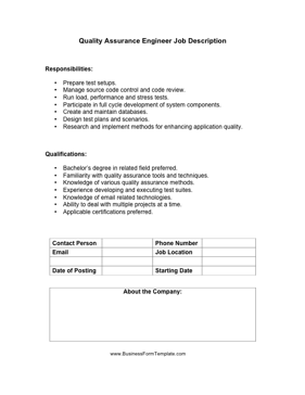 Quality Assurance Engineer Job Description Business Form Template