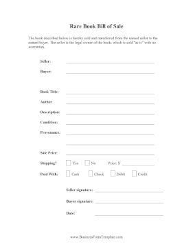 Rare Book Bill Of Sale Business Form Template