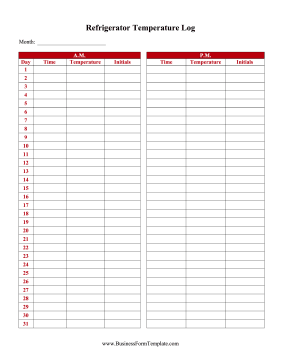 Refrigerator Temperature Log Business Form Template