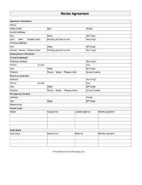 Rental Agreement Business Form Template