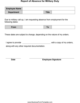 Report of Absence for Military Duty Business Form Template