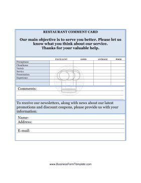 Restaurant Comment Card Business Form Template