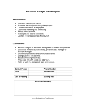 Restaurant Manager Job Description Business Form Template