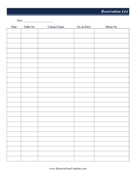 Restaurant Reservation List Business Form Template