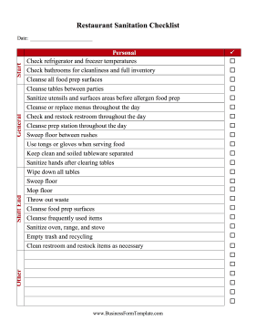 Restaurant Sanitation Checklist Business Form Template