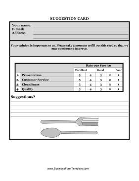 Restaurant Suggestion Card Business Form Template