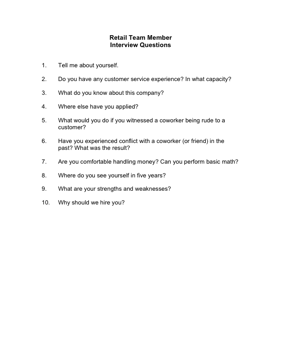 Retail Team Member Interview Questions Business Form Template