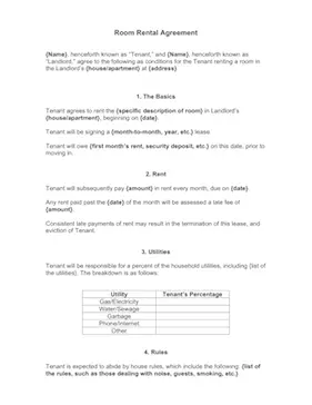 Room Rental Agreement Business Form Template