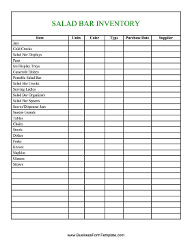 Salad Bar Items Inventory Spreadsheet Business Form Template