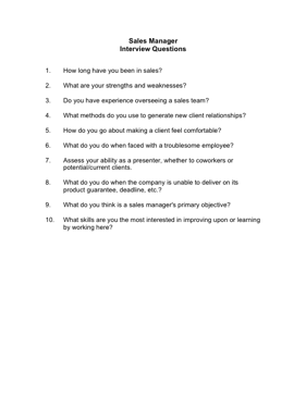 Sales Manager Interview Questions Business Form Template