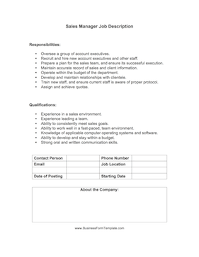 Sales Manager Job Description Business Form Template