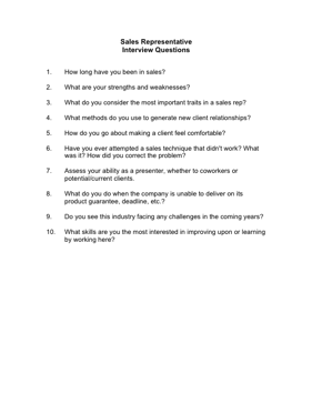 Sales Representative Interview Questions Business Form Template