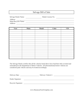 Salvage Bill Of Sale Business Form Template