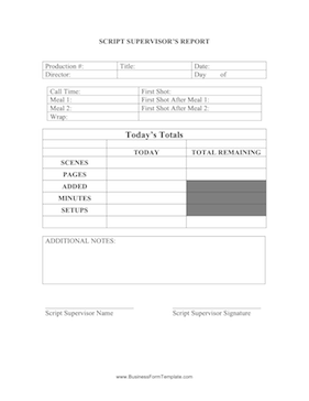 Script Supervisor Daily Report Business Form Template
