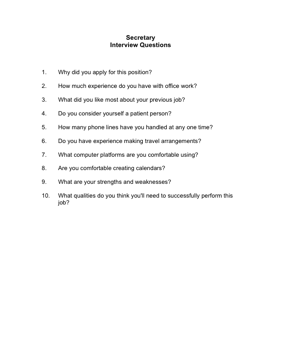 Secretary Interview Questions Business Form Template